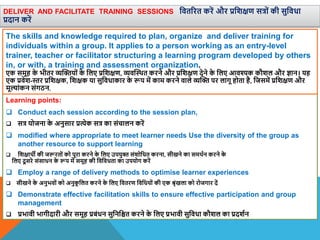 DELIVER AND FACILITATE TRAINING SESSIONS वितररत करें और प्रविक्षण सत्रों की सुविधा
प्रदान करें
Learning points:
 Conduct each session according to the session plan,
 सत्र योजना क
े अनुसार प्रत्येक सत्र का संचालन करें
 modified where appropriate to meet learner needs Use the diversity of the group as
another resource to support learning
 विक्षािी की जरूरतों को पूरा करने क
े वलए उपयुि संिोवधत करना, सीखने का समिान करने क
े
वलए दू सरे संसाधन क
े रूप में समूह की विविधता का उपयोग करें
 Employ a range of delivery methods to optimise learner experiences
 सीखने क
े अनुभिों को अनुक
ू वलत करने क
े वलए वितरण विवधयों की एक श्ृंखला को रोजगार दें
 Demonstrate effective facilitation skills to ensure effective participation and group
management
 प्रभािी भागीदारी और समूह प्रबंधन सुवनवित करने क
े वलए प्रभािी सुविधा कौिल का प्रदिान
The skills and knowledge required to plan, organize and deliver training for
individuals within a group. It applies to a person working as an entry-level
trainer, teacher or facilitator structuring a learning program developed by others
in, or with, a training and assessment organization.
एक समूह क
े भीतर व्यस्ियों क
े वलए प्रविक्षण, व्यिस्थित करने और प्रविक्षण देने क
े वलए आिश्यक कौिल और ज्ञान। यह
एक प्रिेि-स्तर प्रविक्षक, विक्षक या सुविधाकार क
े रूप में काम करने िाले व्यस्ि पर लागू होता है, वजसमें प्रविक्षण और
मूल्ांकन संगठन,
 