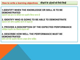 1.IDENTIFY WHEN THE KNOWLEDGE OR SKILL IS TO BE
DEMONSTRATED
पहचानें जब ज्ञान या कौिल का प्रदिान वकया जाना है
2. IDENTIFY WHO IS GOING TO BE ABLE TO DEMONSTRATE
पहचान करें कौन प्रदविात करने में सक्षम है
3. PROVIDE A DESCRIPTION OF THE EXPECTED PERFORMANCE
अपेवक्षत प्रदिान का वििरण प्रदान करें
4. DESCRIBE HOW WELL THE PERFORMANCE MUST BE
DEMONSTRATED
िणान करें वक प्रदिान वकतना अच्छा होना चावहए
How to write a learning objectives सीखने क
े उद्देश्यों को क
ै से वलखें
 