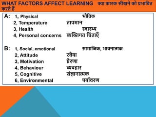 WHAT FACTORS AFFECT LEARNING क्या कारक सीखने को प्रभावित
करते हैं
A: 1, Physical भौवतक
2, Temperature तापमान
3, Health स्वास्थ्य
4, Personal concerns व्यस्िगत वचंताएाँ
B: 1, Social, emotional सामावजक, भािनात्मक
2, Attitude रिैया
3, Motivation प्रेरणा
4, Behaviour व्यिहार
5, Cognitive संज्ञानात्मक
6, Environmental पयाािरण
 
