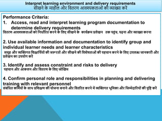 Performance Criteria:
1. Access, read and interpret learning program documentation to
determine delivery requirements
वितरण आिश्यकताओं को वनधााररत करने क
े वलए सीखने क
े कायाक्रम प्रलेखन तक पहंच, पढ़ना और व्याख्या करना
2. Use available information and documentation to identify group and
individual learner needs and learner characteristics
समूह और व्यस्िगत विक्षाविायों की जरूरतों और सीखने की वििेषताओं की पहचान करने क
े वलए उपलब्ध जानकारी और
प्रलेखन का उपयोग करें
3. Identify and assess constraint and risks to delivery
पहचान और आकलन और वितरण क
े वलए जोस्खम
4. Confirm personal role and responsibilities in planning and delivering
training with relevant personnel
संबंवधत कवमायों क
े साि प्रविक्षण की योजना बनाने और वितररत करने में व्यस्िगत भूवमका और वजम्मेदाररयों की पुवि करें
Interpret learning environment and delivery requirements
सीखने क
े माहौल और वितरण आिश्यकताओं की व्याख्या करें
 