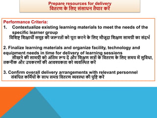 Performance Criteria:
1. Contextualize existing learning materials to meet the needs of the
specific learner group
विविि विक्षािी समूह की जरूरतों को पूरा करने क
े वलए मौजूदा विक्षण सामग्री का संदभा
2. Finalize learning materials and organize facility, technology and
equipment needs in time for delivery of learning sessions
सीखने की सामग्री को अंवतम रूप दें और विक्षण सत्रों क
े वितरण क
े वलए समय में सुविधा,
तकनीक और उपकरणों की आिश्यकता को व्यिस्थित करें
3. Confirm overall delivery arrangements with relevant personnel
संबंवधत कवमायों क
े साि समग्र वितरण व्यिथिा की पुवि करें
Prepare resources for delivery
वितरण क
े वलए संसाधन तैयार करें
 