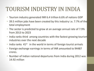 TOURISM INDUSTRY IN INDIA
• Tourism industry generated INR 6.4 trillion 6.6% of nations GDP
• 39.5 million jobs have been created by this industry i.e. 7.7% of the
total employment
• The sector is predicted to grow at an average annual rate of 7.9%
from 2013 to 2023
• India ranks third among countries with the fastest growing tourism
industries over the next decade
• India ranks 41st in the world in terms of foreign tourist arrivals
• Foreign exchange earnings in terms of INR amounted to 94487
crores.
• Number of Indian national departures from India during 2012 was
14.92 million
 
