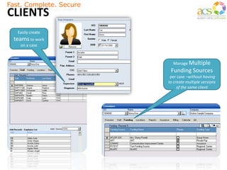 Fast. Complete. Secure
CLIENTS
Easily create
teams to work
on a case
Manage Multiple
Funding Sources
per case –without having
to create multiple versions
of the same client
 