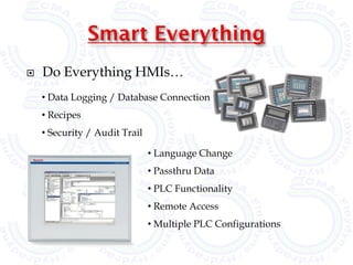    Do Everything HMIs…
    • Data Logging / Database Connection
    • Recipes
    • Security / Audit Trail

                               • Language Change
                               • Passthru Data
                               • PLC Functionality
                               • Remote Access
                               • Multiple PLC Configurations
 