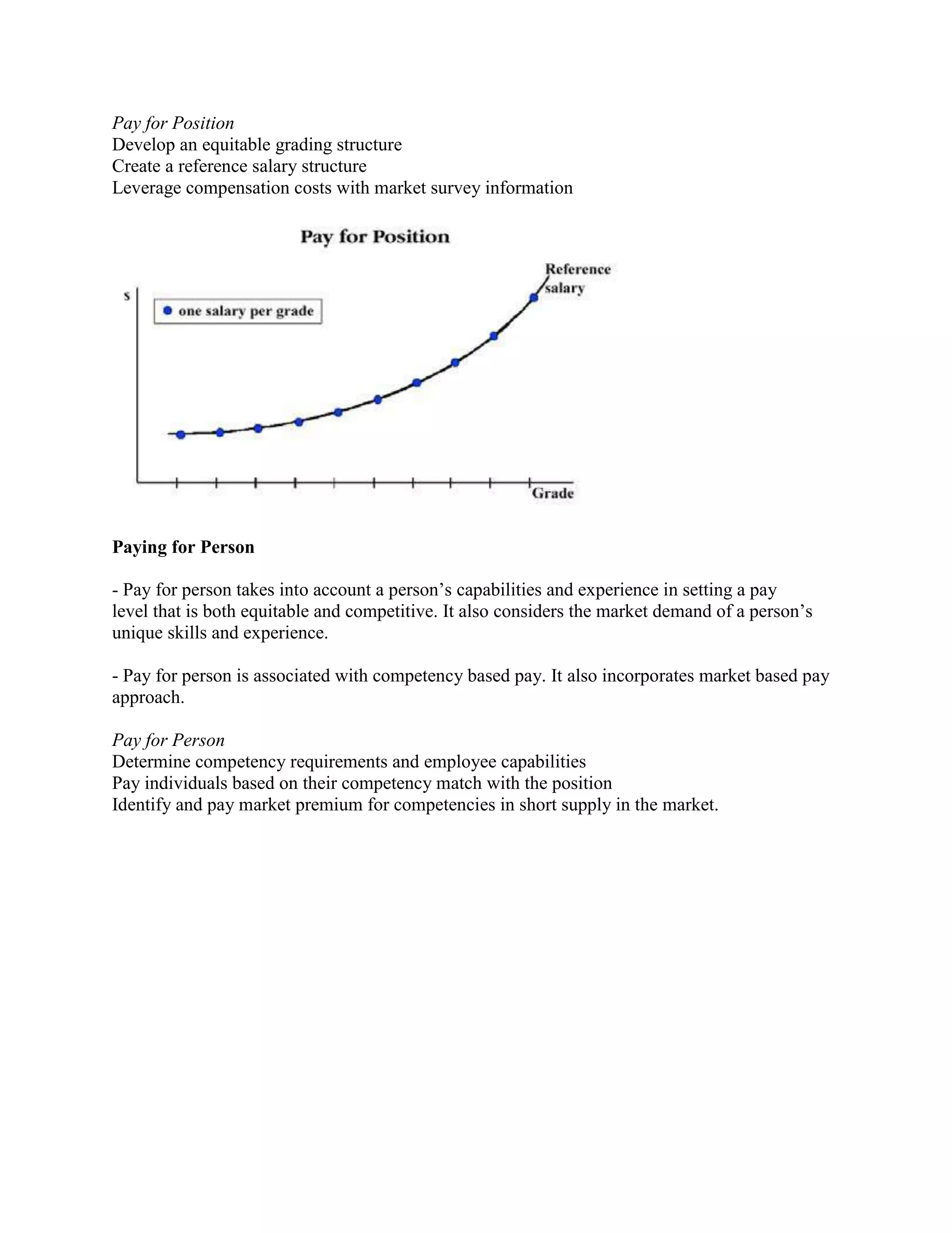 Pay for Position
Develop an equitable grading structure
Create a reference salary structure
Leverage compensation costs with market survey information
Paying for Person
- Pay for person takes into account a person’s capabilities and experience in setting a pay
level that is both equitable and competitive. It also considers the market demand of a person’s
unique skills and experience.
- Pay for person is associated with competency based pay. It also incorporates market based pay
approach.
Pay for Person
Determine competency requirements and employee capabilities
Pay individuals based on their competency match with the position
Identify and pay market premium for competencies in short supply in the market.
 