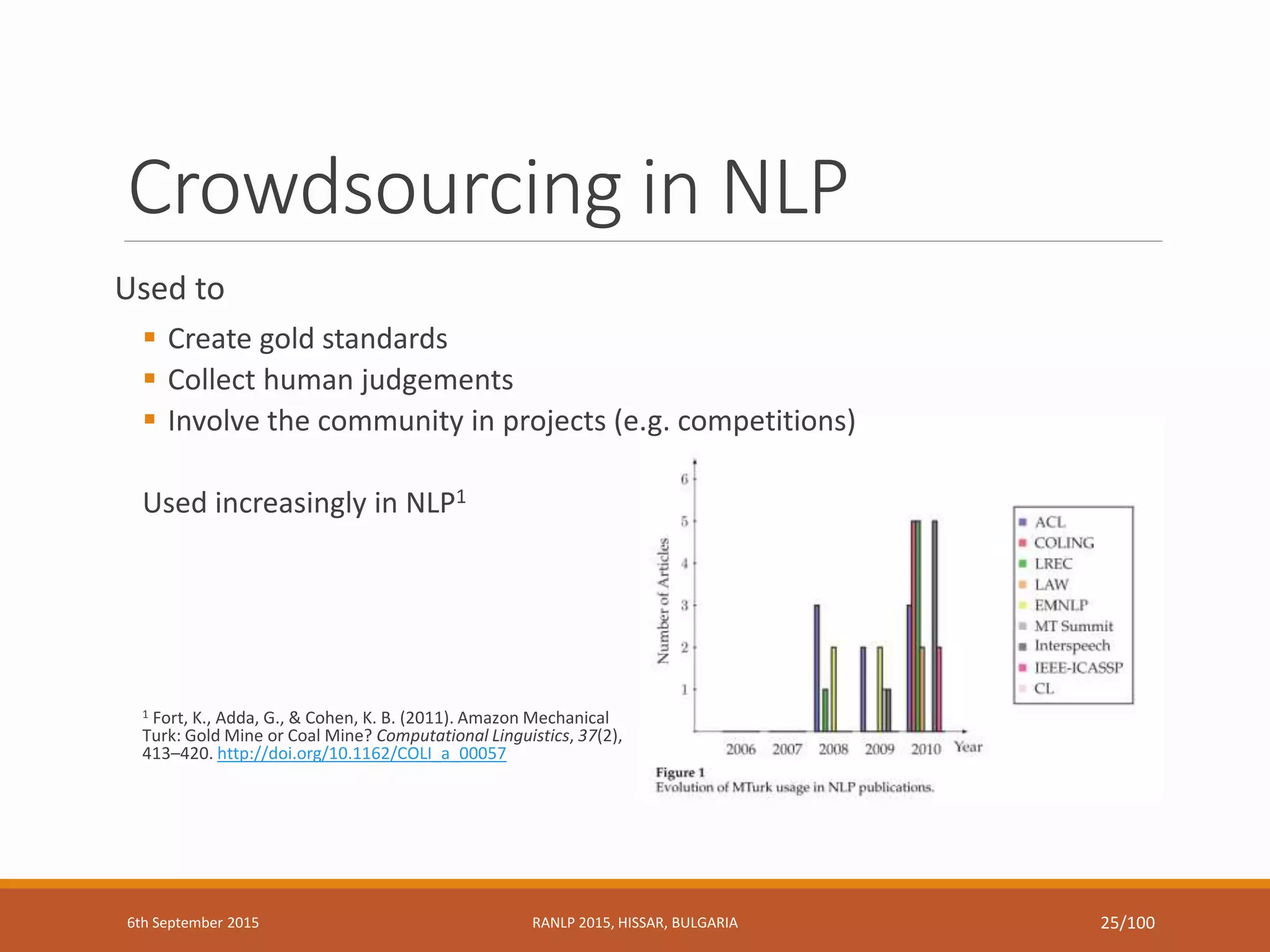 Crowdsourcing in NLP
Used to
 Create gold standards
 Collect human judgements
 Involve the community in projects (e.g. competitions)
Used increasingly in NLP1
1 Fort, K., Adda, G., & Cohen, K. B. (2011). Amazon Mechanical
Turk: Gold Mine or Coal Mine? Computational Linguistics, 37(2),
413–420. http://doi.org/10.1162/COLI_a_00057
6th September 2015 RANLP 2015, HISSAR, BULGARIA 25/100
 