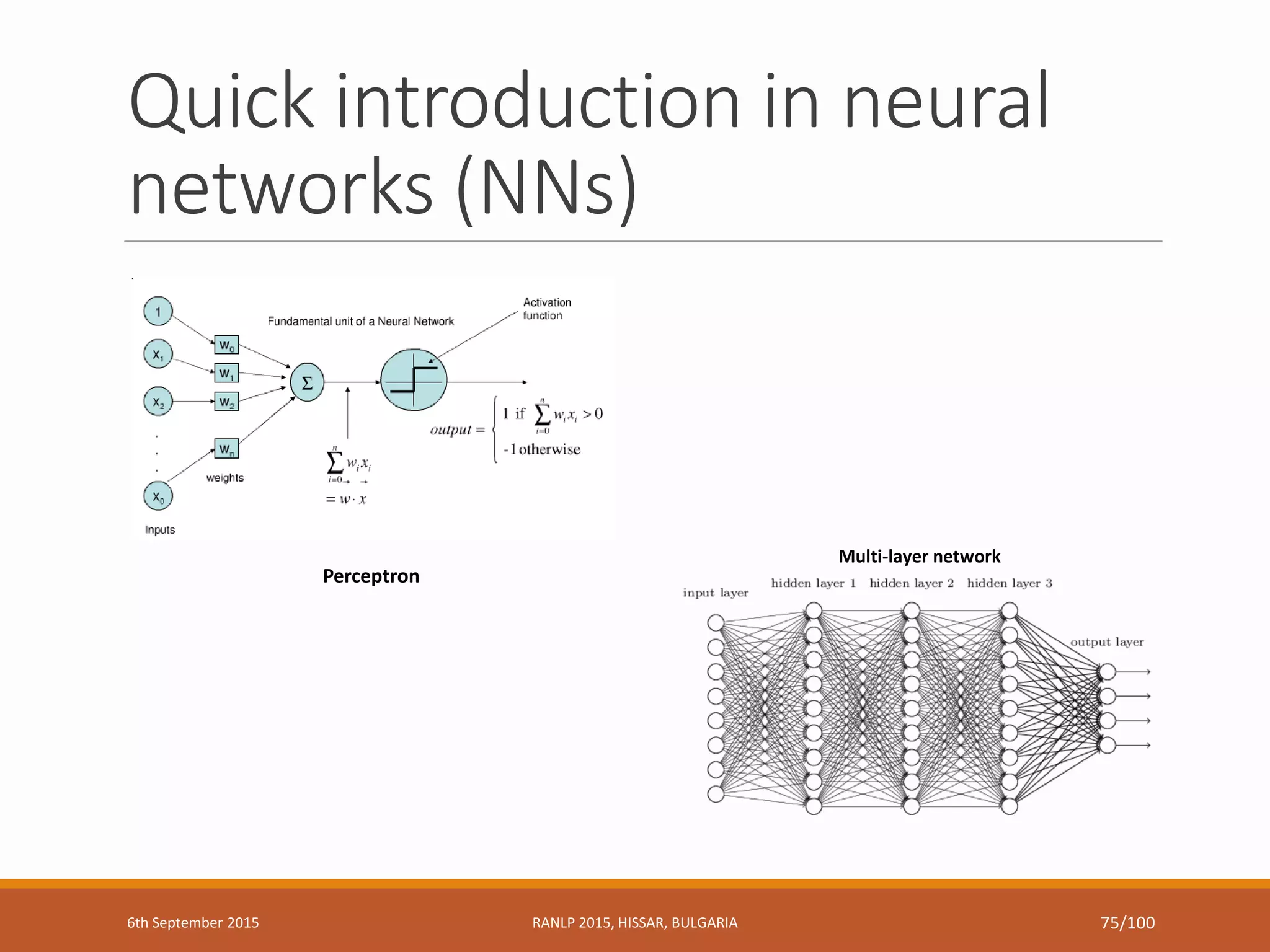 Quick introduction in neural
networks (NNs)
Perceptron
Multi-layer network
6th September 2015 RANLP 2015, HISSAR, BULGARIA 75/100
 