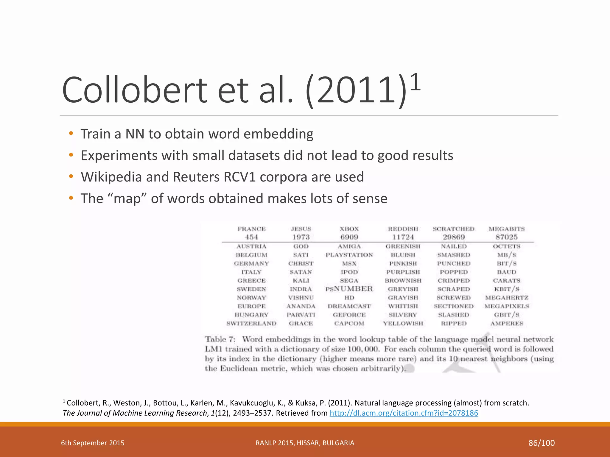 Collobert et al. (2011)1
• Train a NN to obtain word embedding
• Experiments with small datasets did not lead to good results
• Wikipedia and Reuters RCV1 corpora are used
• The “map” of words obtained makes lots of sense
1 Collobert, R., Weston, J., Bottou, L., Karlen, M., Kavukcuoglu, K., & Kuksa, P. (2011). Natural language processing (almost) from scratch.
The Journal of Machine Learning Research, 1(12), 2493–2537. Retrieved from http://dl.acm.org/citation.cfm?id=2078186
6th September 2015 RANLP 2015, HISSAR, BULGARIA 86/100
 