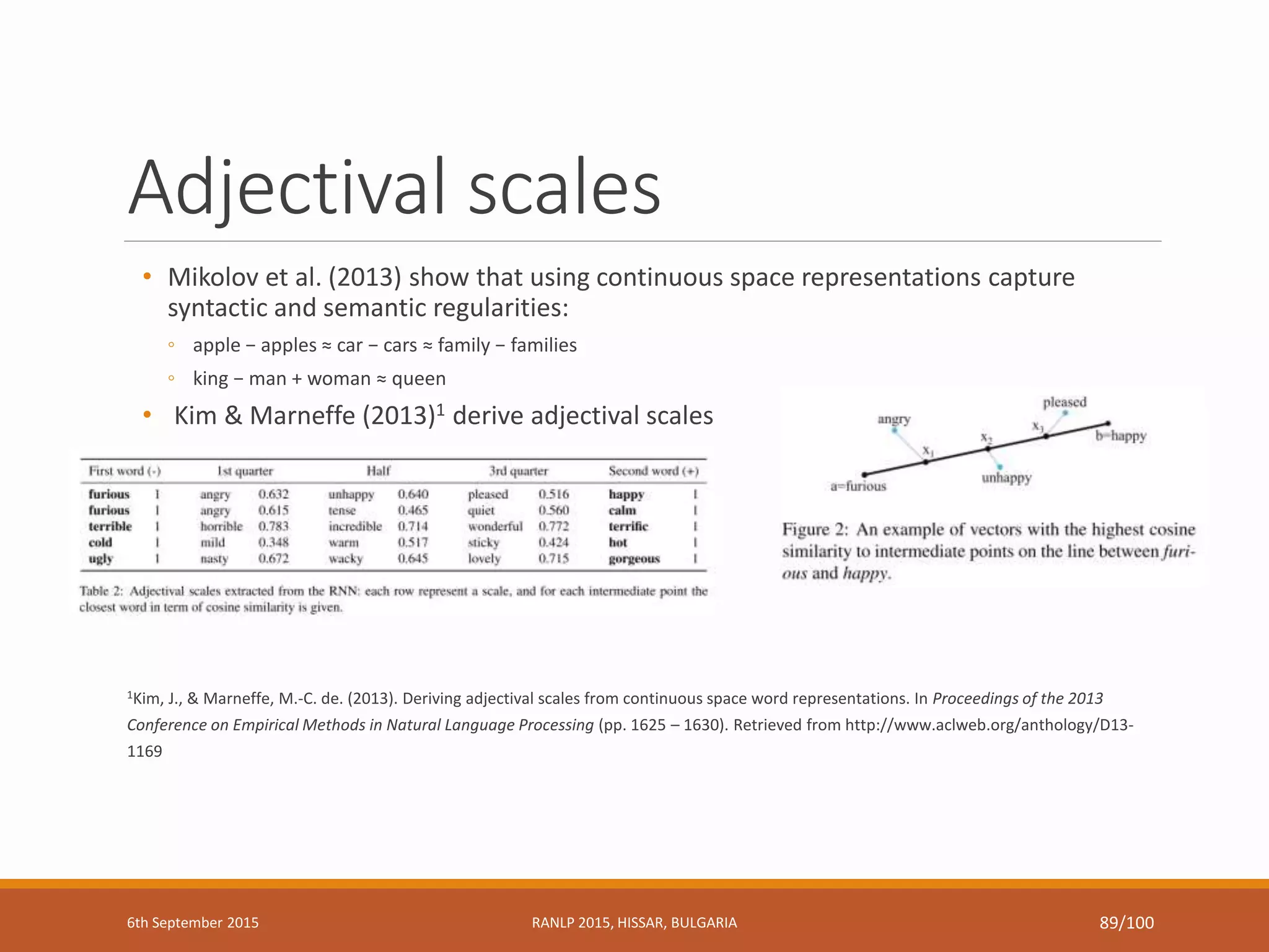 Adjectival scales
• Mikolov et al. (2013) show that using continuous space representations capture
syntactic and semantic regularities:
◦ apple − apples ≈ car − cars ≈ family − families
◦ king − man + woman ≈ queen
• Kim & Marneffe (2013)1 derive adjectival scales
1Kim, J., & Marneffe, M.-C. de. (2013). Deriving adjectival scales from continuous space word representations. In Proceedings of the 2013
Conference on Empirical Methods in Natural Language Processing (pp. 1625 – 1630). Retrieved from http://www.aclweb.org/anthology/D13-
1169
6th September 2015 RANLP 2015, HISSAR, BULGARIA 89/100
 