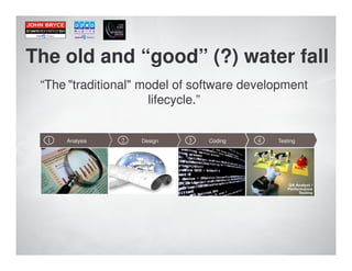 The old and “good” (?) water fall
 “The "traditional" model of software development
                     lifecycle.”


  1   Analysis   2   Design   3   Coding   4   Testing
 