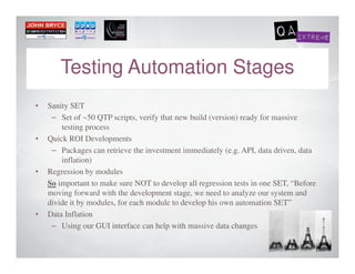 4



       Testing Automation Stages
•   Sanity SET
     – Set of ~50 QTP scripts, verify that new build (version) ready for massive
        testing process
•   Quick ROI Developments
     – Packages can retrieve the investment immediately (e.g. API, data driven, data
        inflation)
•   Regression by modules
    So important to make sure NOT to develop all regression tests in one SET, “Before
    moving forward with the development stage, we need to analyze our system and
    divide it by modules, for each module to develop his own automation SET”
•   Data Inflation
     – Using our GUI interface can help with massive data changes
 