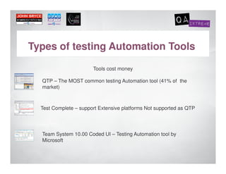 Types of testing Automation Tools

                       Tools cost money

  QTP – The MOST common testing Automation tool (41% of the
  market)



  Test Complete – support Extensive platforms Not supported as QTP




  Team System 10.00 Coded UI – Testing Automation tool by
  Microsoft
 