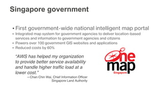 • First government-wide national intelligent map portal
•  Integrated map system for government agencies to deliver location-based
services and information to government agencies and citizens
•  Powers over 100 government GIS websites and applications
•  Reduced costs by 60%
Singapore government
“AWS has helped my organization
to provide better service availability
and handle higher trafﬁc load at a
lower cost.” !
—Chan Chin Wai, Chief Information Ofﬁcer
Singapore Land Authority!
 