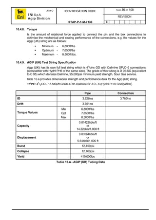 ARPO
ENI S.p.A.
Agip Division
IDENTIFICATION CODE PAGE 56 OF 108
REVISION
STAP-P-1-M-7130 0
10.4.8. Torque
Is the amount of rotational force applied to connect the pin and the box connections to
optimise the mechanical and sealing performance of the connections, e.g. the values for the
Agip (UK) string are as follows:
• Minimum - 6,800ft/lbs
• Optimum - 7,650ft/lbs
• Maximum - 8,500ft/lbs.
10.4.9. AGIP (UK) Test String Specification
Agip (UK) has its own full test string which is 41
/2ins OD with Dalmine SPJD 6 connections
(compatible with Hydril PH6 of the same size). The grade of this tubing is D 95-SG (equivalent
to C 95) which denotes Dalmine, 95,000psi minimum yield strength, Sour Gas service.
table 10.a provides dimensional strength and performance data for the Agip (UK) string.
TYPE: 41
/2OD - 15.5lbs/ft Grade D 95 Dalmine SPJ D - 6 (Hydril PH 6 Compatible)
Pipe Connection
ID 3.826ins 3.765ins
Drift 3.701ins
Torque Values
Min
Opt
Max
6,800ft/lbs
7,650ft/lbs
8,500ft/lbs
Capacity
0.01422bbls/ft
or
14.22bbls/1,000 ft
Displacement
0.00564bbls/ft
or
5.64bbls/1,000 ft
Burst 12,450psi
Collapse 12,760psi
Yield 419,000lbs
Table 10.A- AGIP (UK) Tubing Data
 