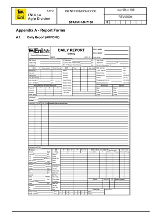 ARPO
ENI S.p.A.
Agip Division
IDENTIFICATION CODE PAGE 99 OF 108
REVISION
STAP-P-1-M-7130 0
Appendix A - Report Forms
A.1. Daily Report (ARPO 02)
WELL NAME
FIELD NAME
District/Affiliate Company
DATE: ARPO 02 Cost center
Rig Name RT Elevation [m] Well Code
Type of Rig Ground Lelel / Water Depth [m] Report N° of
Contractor RT - 1st flange / Top Housing [m] Permit / Concession N°
Well Last casing Next Casing BOP Type Ø w.p. [psi] M.D. (24:00) [m]
Ø nom.[in] Stack T.V.D. (24:00) [m]
Top [m] Diverter Total Drilled [m]
Bottom [m] Annular Rotating Hrs [hh:mm]
Top of Cmt [m] Annular R.O.P. [m / h]
Last Survey [°] at m Upper Rams Progressive Rot. hrs [hh:mm]
LOT - IFT [kg/l] at m Middle Rams Back reaming Hrs [hh:mm]
Reduce Pump Strockes Pressure Middle Rams Personnel Injured
Pump N° 1 2 3 Middle Rams Agip Agip
Liner [in] Lower Rams Rig Rig
Strokes Last Test Others Other
Press. [psi] Total Total
Lithology
Shows
From (hr) To (hr) Op. Code OPERATION DESCRIPTION
Operation at 07:00
Mud type Bit N° Run N° N° Run N° Bottom Hole Assembly N° __________ Rot. hours
Density [kg/l] Data Description Ø Part. L Progr.L Partial Progr.
Viscosity [s/l] Manuf.
P.V. [cP] Type
Y.P. [g/100cm2
] Serial No.
Gel 10"/10' / IADC
Water Loss [cc/30"] Diam.
HP/HT [cc/30"] Nozzle/TFA
Press. [kg/cm2
] From [m]
Temp. [°C] To [m]
Cl- [g/l] Drilled [m]
Salt [g/l] Rot. Hrs.
pH/ES R.P.M.
MBT [kg/m3] W.O.B.[t]
Solid [%] Flow Rate Stock Quantity UM Supply vessel
Oil/water Ratio. Pressure
Sand [%] Ann. vel.
pm/pom Jet vel.
pf HHP Bit
mf HSI Total Cost Supervisor:
Daily Losses [m3
] I O D L I O D L Daily
Progr. Losses [m3] B G O R B G O R Progr.
DAILY REPORT
Drilling
 