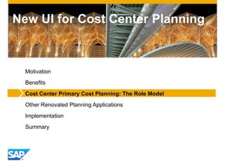 New UI for Cost Center Planning
Motivation
Benefits
Cost Center Primary Cost Planning: The Role Model
Other Renovated Planning Applications
Implementation
Summary
 