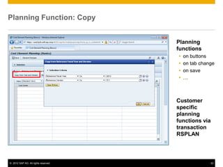 © 2012 SAP AG. All rights reserved. 22
Planning Function: Copy
Planning
functions
 on buttons
 on tab change
 on save
 …
Customer
specific
planning
functions via
transaction
RSPLAN
 
