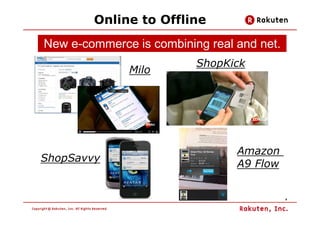 Online to Offline
New e-commerce is combining real and net.
                          ShopKick
              Milo




    ...