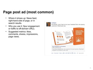 14 
Page post ad (most common) 
• Where it shows up: News feed, 
right-hand side of page, or in 
search results. 
• Why yo...