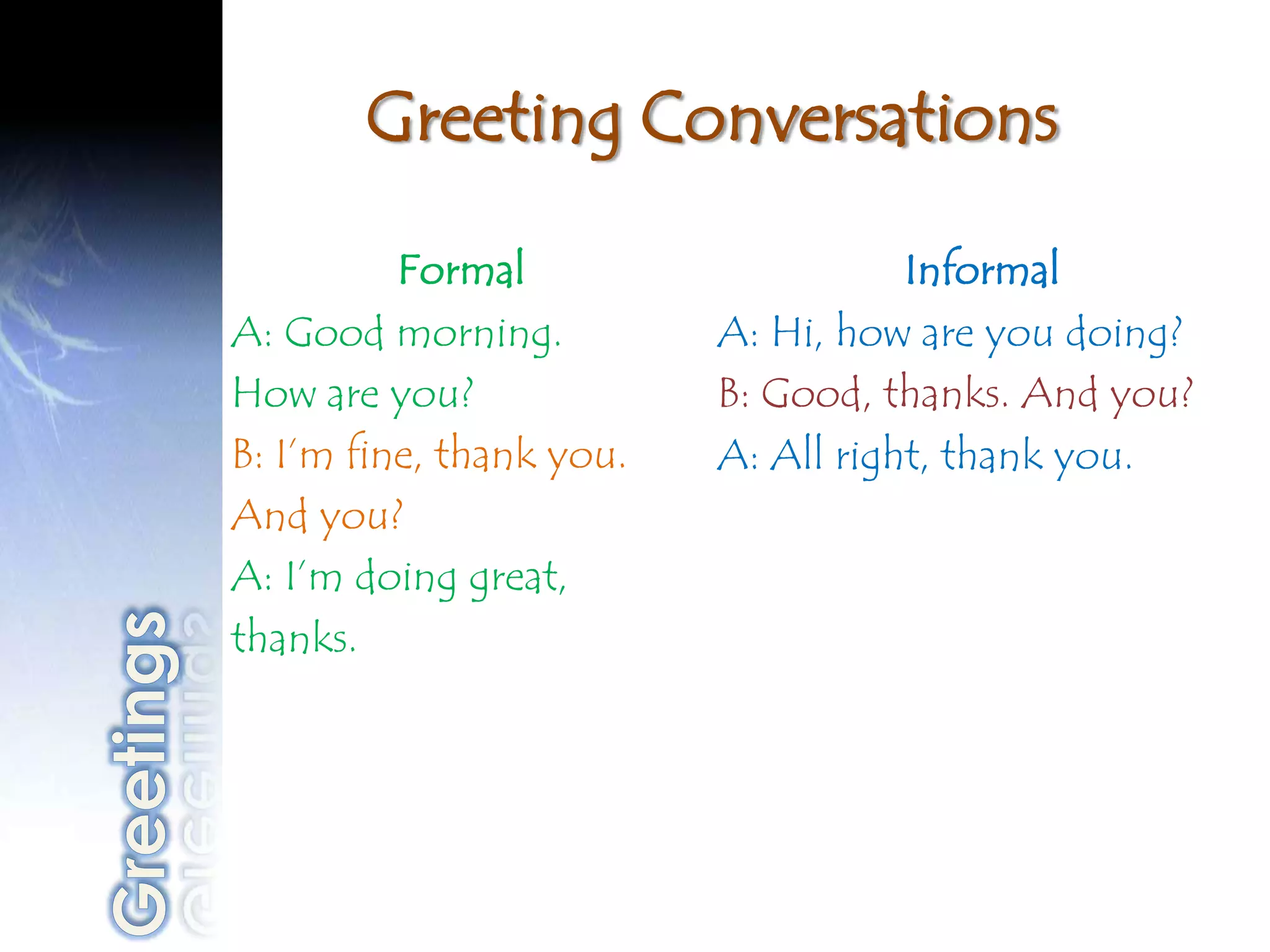 Greeting Conversations

          Formal                     Informal
A: Good morning.          A: Hi, how are you doing?
How are you?              B: Good, thanks. And you?
B: I’m fine, thank you.   A: All right, thank you.
And you?
A: I’m doing great,
thanks.
 