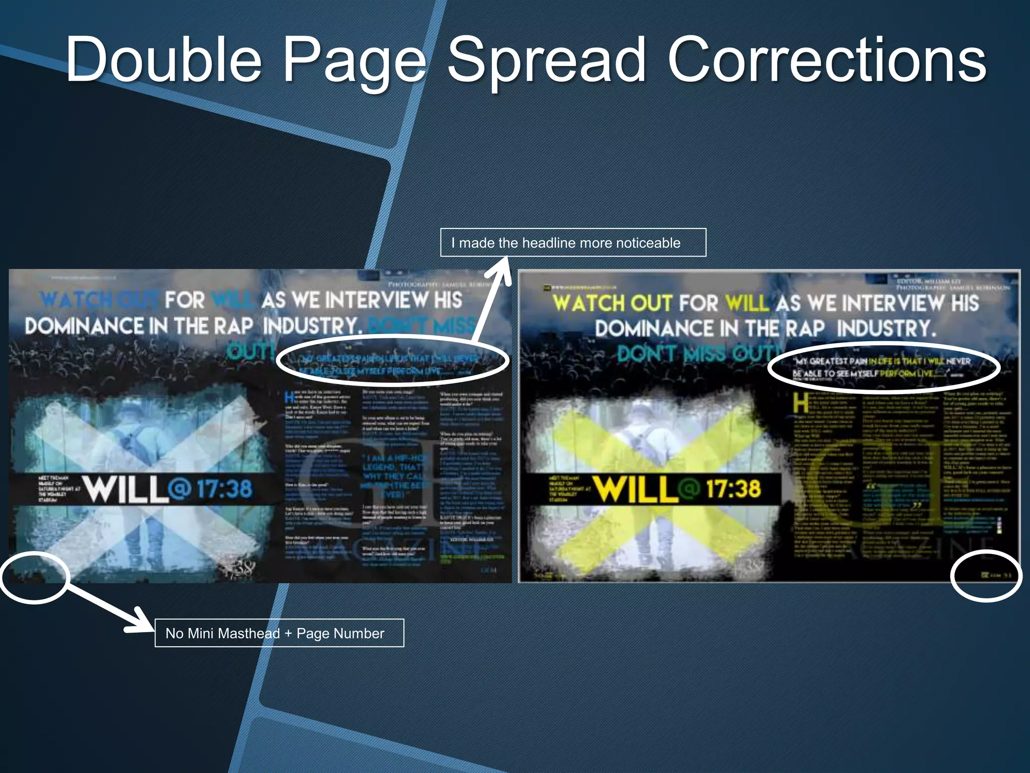 Double Page Spread Corrections
No Mini Masthead + Page Number
I made the headline more noticeable
 