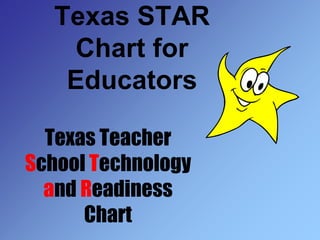Texas STAR
Chart for
Educators
Texas Teacher
School Technology
and Readiness
Chart
 