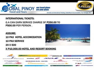 3.HOTEL AND RESORT BOOKING
       INCOME PROJECTION
INTERNATIONAL TICKETS:
G.A CAN EARN SERVICE CHARGE OF P250.00 TO
P500.00 PER PERSON .

ASSUME:
10 PAX HOTEL ACCOMODATION
10 PAX SERVICE
20 X 500
X P10,000.00 HOTEL AND RESORT BOOKING

  P40,000.00/MO.
 