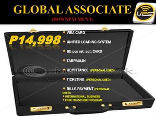 VISA CARD

  UNIFIED LOADING SYSTEM

  65 pcs ret. act. CARD

  TARPAULIN

  REMITTANCE    (PERSONAL USED)


  TICKETING   (PERSONAL USED)


  BILLS PAYMENT (PERSONAL
USED)
 INTERNATIONAL BUSINESS
 FREE FRANCHISE PROGRAM
 