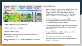 Traditional Neighbourhood Structure
• Discern able center and edge
• Public space at center
• Importance of quality public realm; public open space
designed as civic art
• Contains a range of uses and densities within 10-minute
walk
Transect Planning
1. Highest densities at town center; progressively less
dense towards the edge. The transect is an
analytical system that conceptualizes mutually
reinforcing elements, creating a series of specific
natural habitats and/or urban lifestyle settings.
2. The Transect integrates environmental
methodology for habitat assessment with zoning
methodology for community design.
3. The professional boundary between the natural and
man-made disappears, enabling environmentalists
to assess the.
4. Design of the human habitat and the urbanists to
support the viability of nature.
5. This urban-to-rural transect hierarchy has
appropriate building and street types for each area
along the continuum.
 
