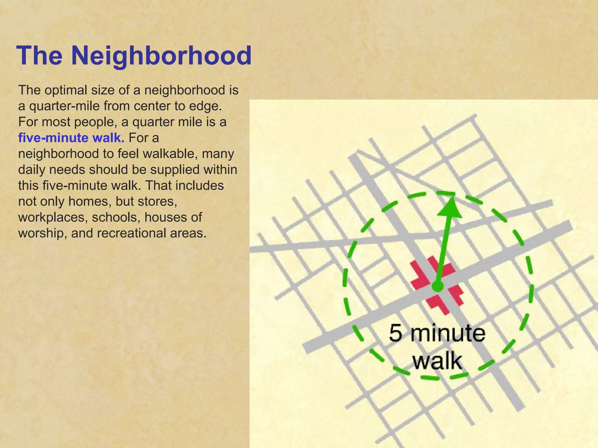 The Neighborhood The optimal size of a neighborhood is a quarter-mile from center to edge. For most people, a quarter mile is a  five-minute walk.  For a neighborhood to feel walkable, many daily needs should be supplied within this five-minute walk. That includes not only homes, but stores, workplaces, schools, houses of worship, and recreational areas. 