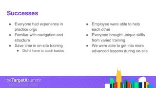 Successes
● Everyone had experience in
practice orgs
● Familiar with navigation and
structure
● Save time in on-site training
● Didn’t have to teach basics
● Employee were able to help
each other
● Everyone brought unique skills
from varied training
● We were able to get into more
advanced lessons during on-site
 