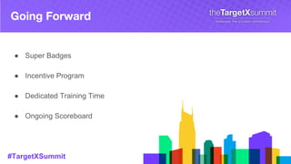 #TargetXSummit
Going Forward
● Super Badges
● Incentive Program
● Dedicated Training Time
● Ongoing Scoreboard
 