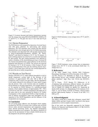 P-64 / R. Doerfler




Figure 5: Ca-mirror decrease and relative transmission increase
over the storage time using DELO-KATIOBOND AD690 at 85              Figure 6: PLED luminance versus storage time at 70 °C and 20 -
°C and 85 % r. h. The glue line was 2.5 mm wide and 30 µm           30 % r.h.
high.

3.4.1 Device Preparation
The PLED devices were prepared by deposition of several layers
onto ITO glass substrates by spin-coating and vacuum
deposition. The ITO substrates were cleaned and then directly
transferred into a dry nitrogen glove box for further processing.
The substrates were deposited with a 60 nm hole-injecting layer
of poly(3,4-ethylenedioxythiophene) (PEDOT; HC Starck,
Baytron®) and dried by heating at 110 °C for 30 minutes. A
green emitting polymer was dissolved in p-xylene and deposited
by spin-coating. The spin coating parameters were adjusted to
realize a thickness of the electroluminescent layer of around 80
nm, because the thickness has a great influence on the electrical
properties and efficiency of a PLED. The solvent was removed
                                                                    Figure 7: PLED luminance versus storage time at temperature
by heating at 110 °C for 60 minutes. A thin Ca-layer (50 nm)
                                                                    change stress -20/+70 °C in dry environment (hold time 1 h,
was vacuum-deposited at first onto the emitting polymer layer.
                                                                    change time 5 s).
Finally, a silver metal layer (100 nm) was vacuum-deposited on
the top of the device before encapsulation.                         5. References
                                                                     [1] K. Allen, iSuppli Corp., OLEDs 2005, Conference
3.4.2 Results on Test Device                                        Proceedings, San Diego, CA (USA), November 14-16, 2005.
Storage of PLEDs at 70 °C under ambient atmosphere as well as        [2] M.S. Weaver, L.A. Michalski, K. Rajan, et al. “Organic
during temperature cycling leads to the decrease of the             light-emitting devices with extended operating lifetimes on
luminance of approximately 50% after 700 to 800 h. The              plastic substrates” Appl. Phys. Lett. 81(16), pp 2929-2931,
comparison with Ca-mirror test data imply, that the degradation     2002.
is not mainly affected by the diffusion of water and/or oxygen       [3] G. Nisato,     P.C.P. Bouten, P.J. Slikkerveer, et al.
into the devices. Only a few literature data are available on       „Evaluating high performance diffusion barriers: the calcium
PLED lifetimes at elevated temperatures. For example Haskal et      test” Proceeding Asia Display/IDW’01, pp 1435-1438, 2001.
al. [4] reported on PLED lifetimes of a polyfluorene-based           [4] E.I. Haskal, H.J. Bolink, M. Büchel, P.C. Duineveld, B.
polymer, which exhibits lifetimes of approximately 500 - 700 h      Jacobs, M.M. de Kok, E.A. Meulenkamp, E.H.J. Schreurs, S.I.E.
at 20 mA/cm² and 70°C. Lifetimes presented in this paper are of     Vulto, E. van de Weijer, S.H.P.M. de Winter, “Passive-matrix
the same order as the ones measured by Haskal et al. Further        polymer light-emitting displays” in Journal of the SID, 11/1,
investigations of the encapsulated PLEDs at high humidity as        2003, p.155.
well as lifetime investigations under inert atmosphere for the
separation of the OLED degradation and the influence of the         6. Acknowledgment
encapsulation are in progress.                                      The authors would like to thank their colleagues, namely Ralf
                                                                    Müller (IZM) and Bert Fischer (IAP), involved in the device
4. Conclusion                                                       preparations as well as samples measurements.
An UV-curing epoxy adhesive was developed which exhibits
excellent low WVTR in Ca-mirror tests. Lifetime tests on PLED       Part of this work was financially supported by the Federal
devices under elevated temperatures and temperature change          Ministry for Education and Research (bmb+f, 01 BK 916/919)
stress showed promising results. For detailed interpretation        of the German Government.
further examinations are in progress. The adhesive should be of
value for the development of more reliable OLED devices for
the integration into premium applications.



                                                                                                          SID 06 DIGEST • 443
 