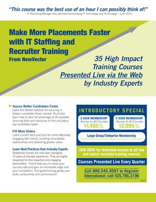 “This course was the best use of an hour I can possibly think of!”
– IT Recruiting Manager who attended Demystifying IT Technology and Terminology – June 2014
Make More Placements Faster
with IT Staffing and
Recruiter Training
From NewVector 35 High Impact
Training Courses
Presented Live via the Web
by Industry Experts
Large Group/Enteprise Membership
Significant discounts for enrolling your entire group or organization
INTRODUCTORY SPECIAL
Courses Presented Live Every Quarter
JOIN NOW for Unlimited Access to all live
and select recorded training courses
Call 888.545.9597 to Register
International: call 425.766.3196
2 USER MEMBERSHIP
Access to All Courses
$1,495Per
Year
5 USER MEMBERSHIP
Access to All Courses
$2,995Per
Year
BIE15
Source Better Candidates Faster
Learn the fastest methods for sourcing in
today’s candidate-driven market. You’ll also
learn how to take full advantage of all available
sourcing tools and resources to find and place
top candidates faster.
Fill More Orders
Learn current best practices for more effectively
engaging with clients, building consultative
relationships and delivering greater value.
Learn Next Practices from Industry Experts
NewVector trainers are rock stars averaging
15 years of industry experience. They are highly
respected for their expertise and engaging
personalities. They’ll help you increase your
success rate and gain an immediate edge over
your competition. And great training grows your
skills, productivity and commissions!
 
