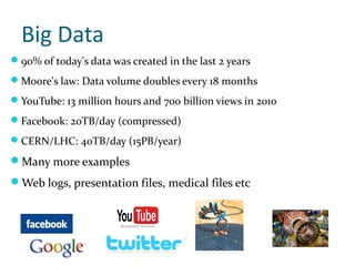 Big Data
90% of today's data was created in the last 2 years
Moore's law: Data volume doubles every 18 months
YouTube: 13 million hours and 700 billion views in 2010
Facebook: 20TB/day (compressed)
CERN/LHC: 40TB/day (15PB/year)

Many more examples
Web logs, presentation files, medical files etc
 