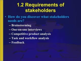 1.2 Requirements of stakeholders How do you discover what stakeholders needs are? Brainstorming One-on-one interviews Competitive product analysis Task and workflow analysis Feedback 