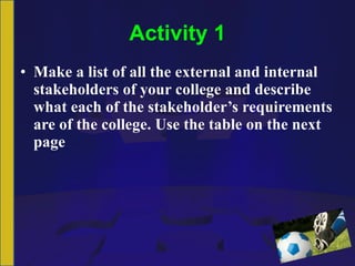 Activity 1 Make a list of all the external and internal stakeholders of your college and describe what each of the stakeholder’s requirements are of the college. Use the table on the next page 