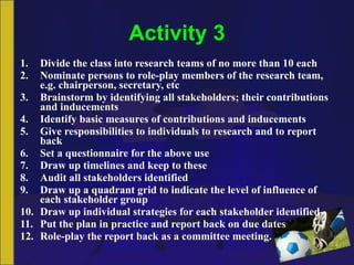 Activity 3 Divide the class into research teams of no more than 10 each Nominate persons to role-play members of the research team, e.g. chairperson, secretary, etc Brainstorm by identifying all stakeholders; their contributions and inducements Identify basic measures of contributions and inducements Give responsibilities to individuals to research and to report back Set a questionnaire for the above use Draw up timelines and keep to these Audit all stakeholders identified Draw up a quadrant grid to indicate the level of influence of each stakeholder group Draw up individual strategies for each stakeholder identified Put the plan in practice and report back on due dates Role-play the report back as a committee meeting. 