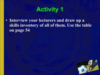 Activity 1 Interview your lecturers and draw up a skills inventory of all of them. Use the table on page 54 