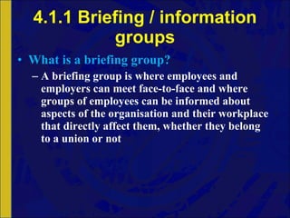 4.1.1 Briefing / information groups What is a briefing group? A briefing group is where employees and employers can meet face-to-face and where groups of employees can be informed about aspects of the organisation and their workplace that directly affect them, whether they belong to a union or not 