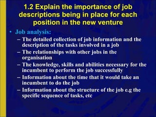 1.2 Explain the importance of job descriptions being in place for each position in the new venture Job analysis: The detailed collection of job information and the description of the tasks involved in a job The relationships with other jobs in the organisation The knowledge, skills and abilities necessary for the incumbent to perform the job successfully Information about the time that it would take an incumbent to do the job Information about the structure of the job e.g the specific sequence of tasks, etc 