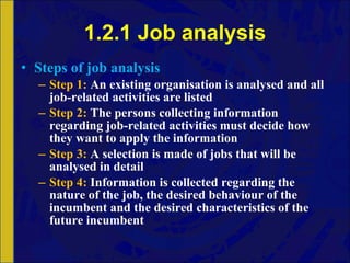 1.2.1 Job analysis Steps of job analysis Step 1:  An existing organisation is analysed and all job-related activities are listed Step 2:  The persons collecting information regarding job-related activities must decide how they want to apply the information Step 3:  A selection is made of jobs that will be analysed in detail Step 4:  Information is collected regarding the nature of the job, the desired behaviour of the incumbent and the desired characteristics of the future incumbent 
