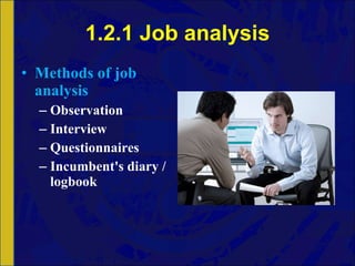 1.2.1 Job analysis Methods of job analysis Observation Interview Questionnaires Incumbent's diary / logbook 