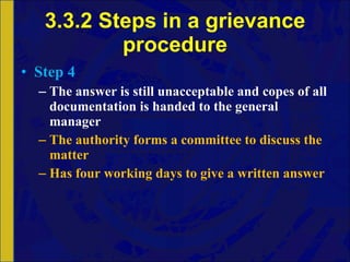 3.3.2 Steps in a grievance procedure Step 4 The answer is still unacceptable and copes of all documentation is handed to the general manager The authority forms a committee to discuss the matter Has four working days to give a written answer 