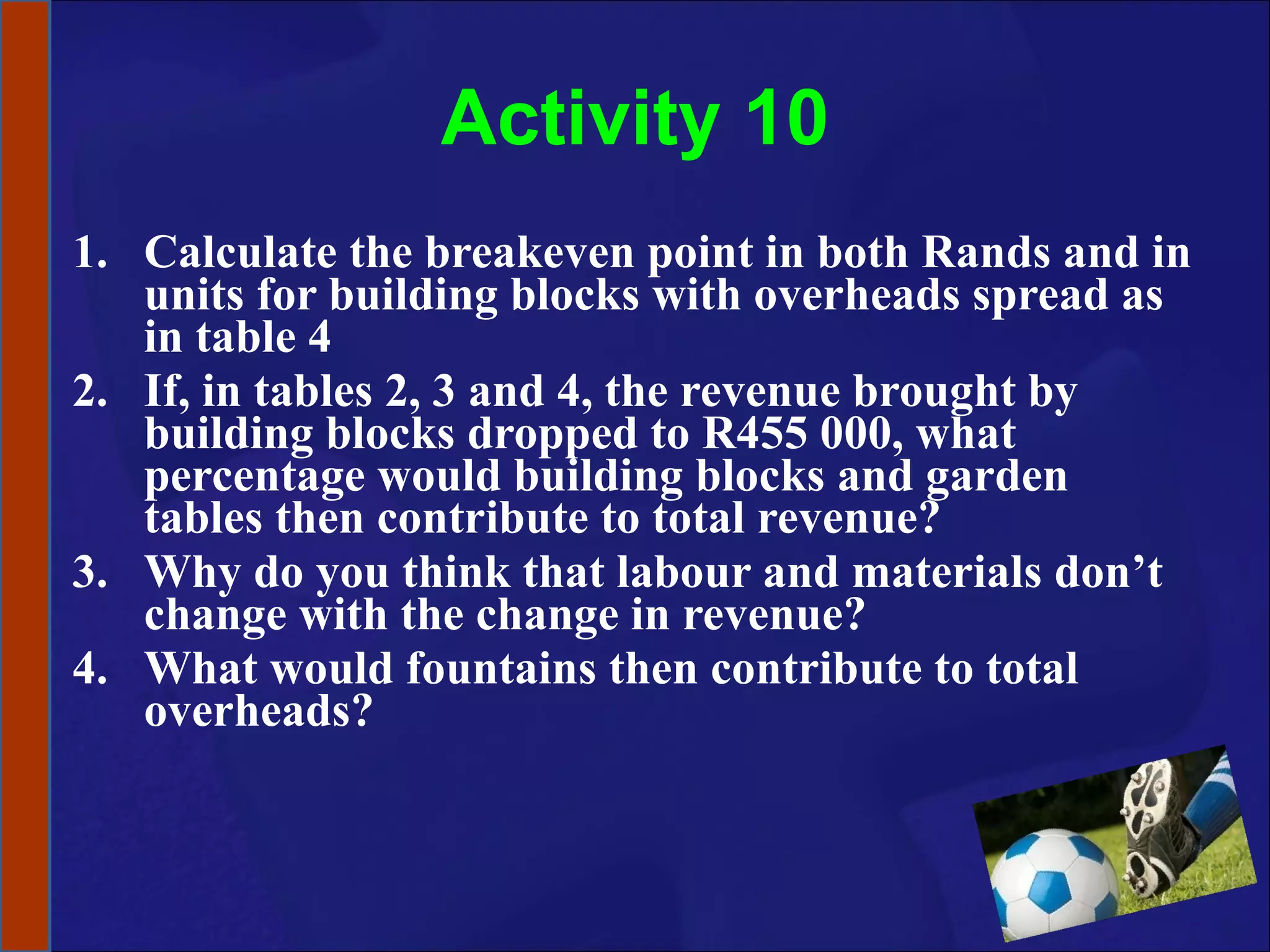 Activity 10 Calculate the breakeven point in both Rands and in units for building blocks with overheads spread as in table 4 If, in tables 2, 3 and 4, the revenue brought by building blocks dropped to R455 000, what percentage would building blocks and garden tables then contribute to total revenue? Why do you think that labour and materials don’t change with the change in revenue? What would fountains then contribute to total overheads? 