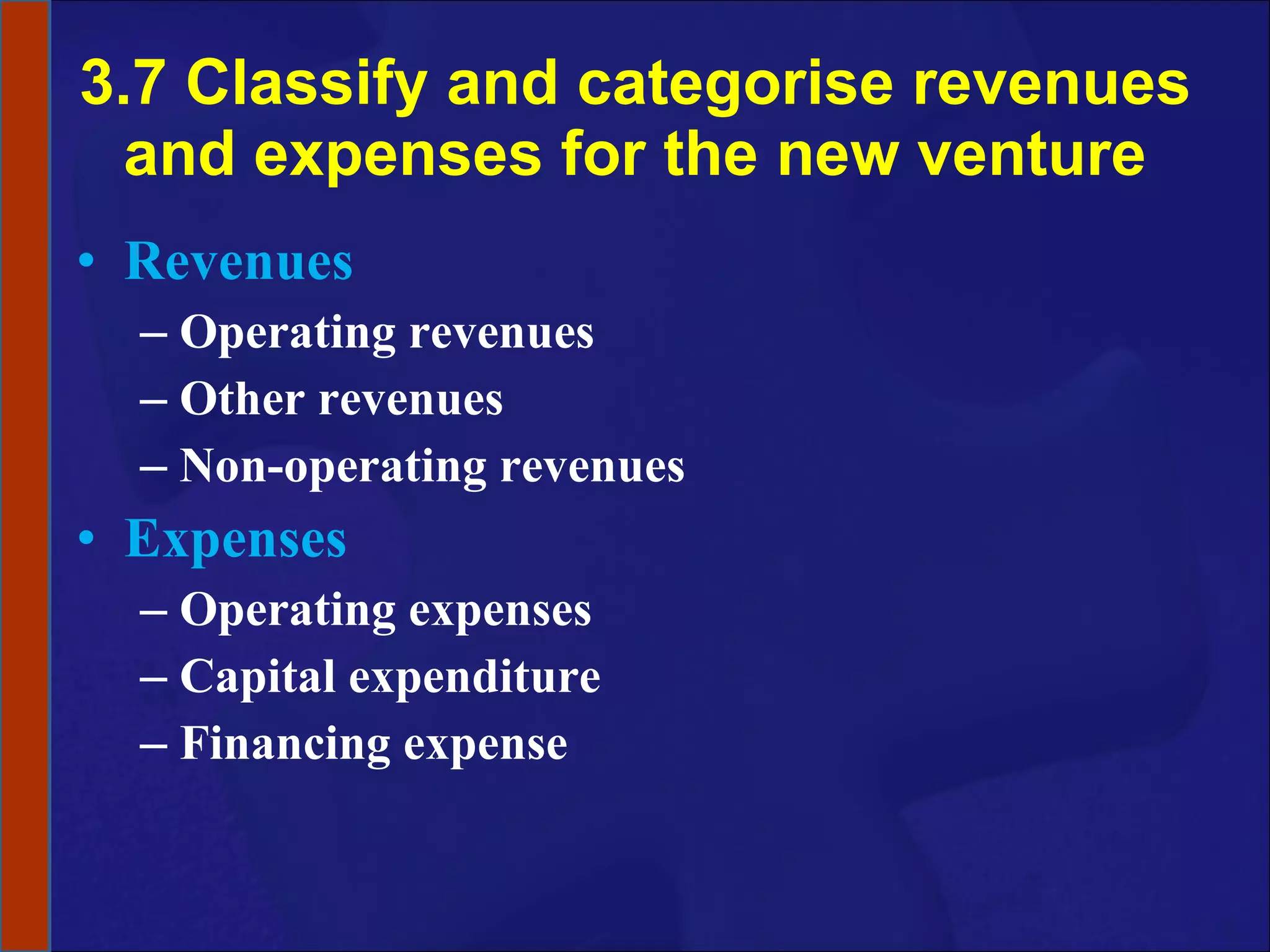 3.7 Classify and categorise revenues and expenses for the new venture Revenues Operating revenues Other revenues Non-operating revenues Expenses Operating expenses Capital expenditure Financing expense 