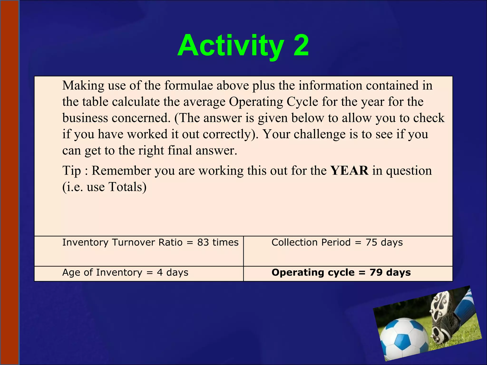 Activity 2 Making use of the formulae above plus the information contained in the table calculate the average Operating Cycle for the year for the business concerned. (The answer is given below to allow you to check if you have worked it out correctly). Your challenge is to see if you can get to the right final answer.  Tip : Remember you are working this out for the  YEAR  in question (i.e. use Totals) Inventory Turnover Ratio = 83 times Collection Period = 75 days Age of Inventory = 4 days Operating cycle = 79 days 