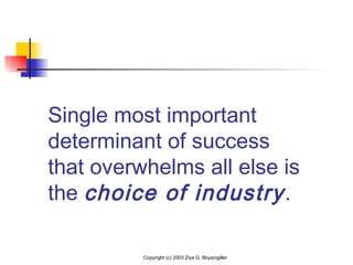 Single most important
determinant of success
that overwhelms all else is
the choice of industry.
Copyright (c) 2003 Ziya G. Boyacigiller
 