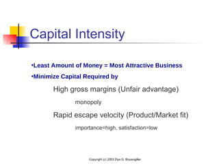 Copyright (c) 2003 Ziya G. Boyacigiller
Capital Intensity
•Least Amount of Money = Most Attractive Business
•Minimize Capital Required by
High gross margins (Unfair advantage)
monopoly
Rapid escape velocity (Product/Market fit)
importance=high, satisfaction=low
 