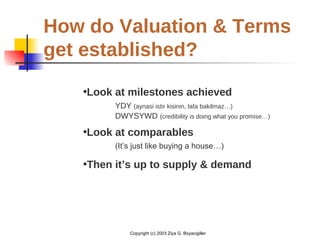 Copyright (c) 2003 Ziya G. Boyacigiller
How do Valuation & Terms
get established?
•Look at milestones achieved
YDY (aynasi istir kisinin, lafa bakilmaz…)
DWYSYWD (credibility is doing what you promise…)
•Look at comparables
(It’s just like buying a house…)
•Then it’s up to supply & demand
 